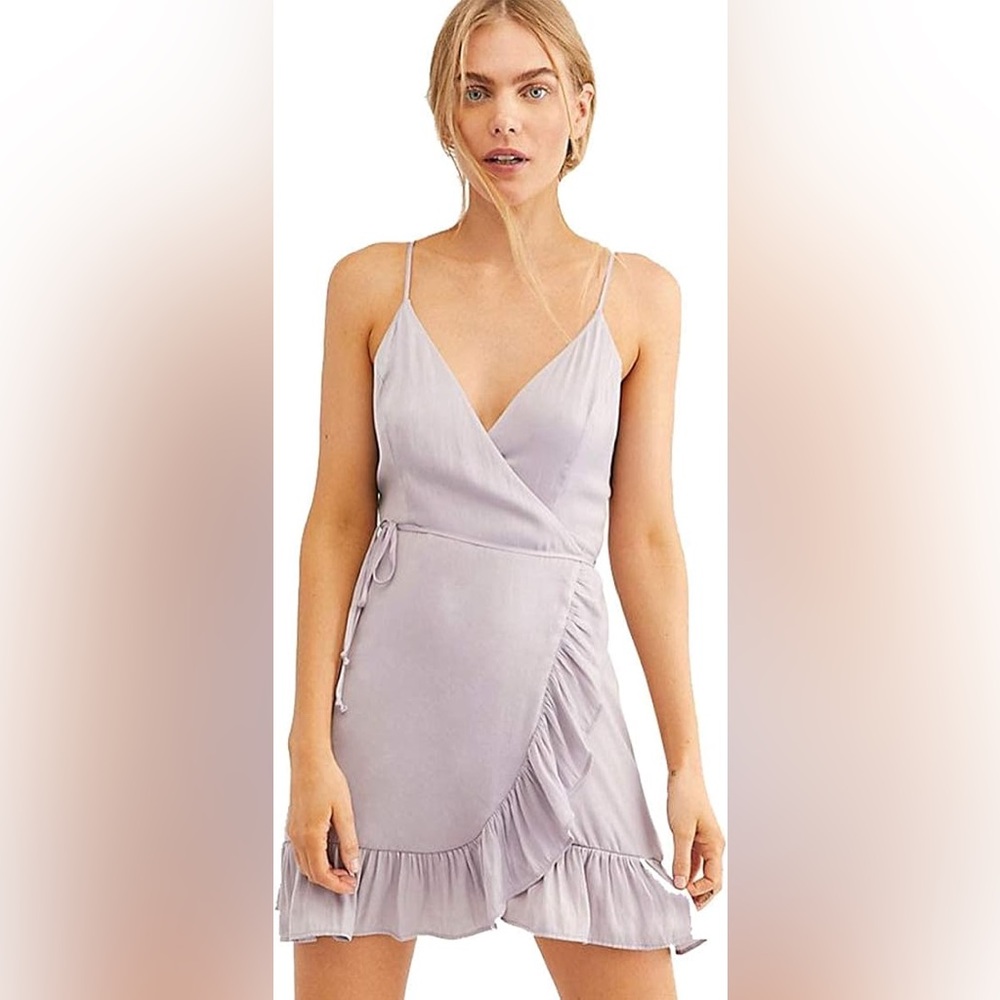 FREE PEOPLE ALL MY LOVE WRAP SHINE MINI DRESS in Lilac